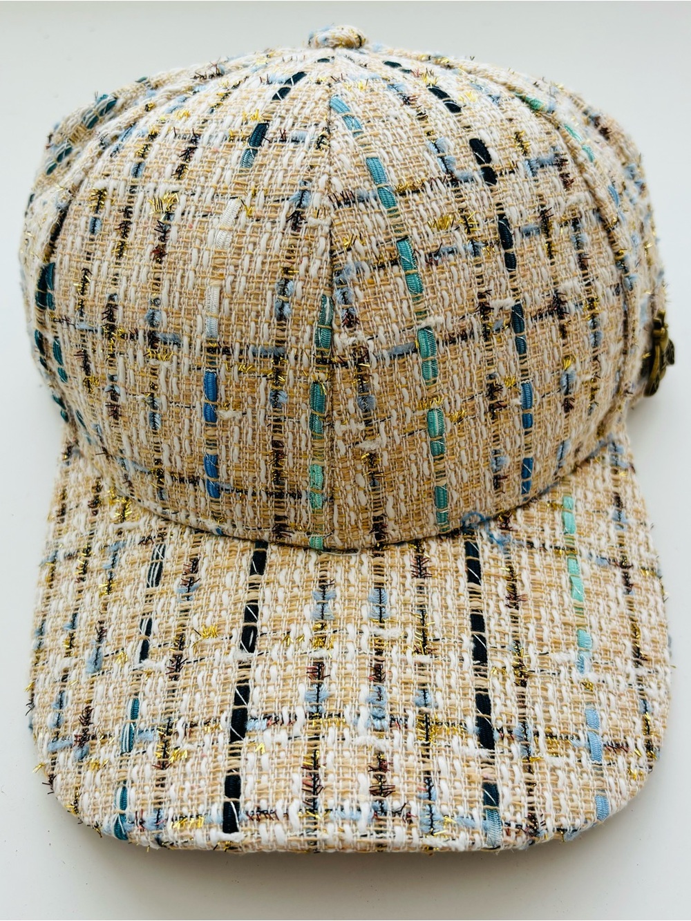 Textured Beige Tweed Baseball Cap with Bee Deco